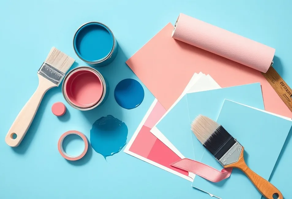 Pots de peinture, nuancier, brosses et rouleaux disposés à plat