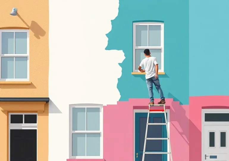Peintre sur échafaudage traitant la façade d'une maison